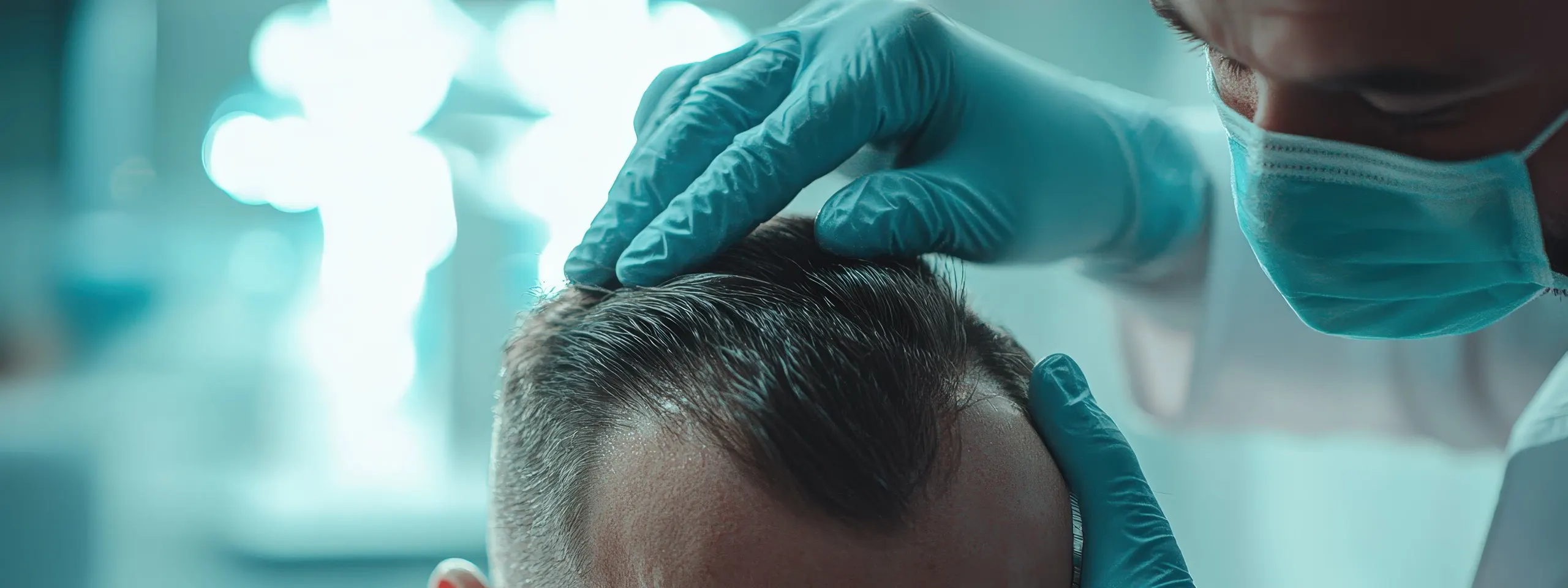 Ein Behandler mit Mundschutz und Handschuhen untersucht Haaransatz und Spenderbereich eines Patienten vor einer Haartransplantation