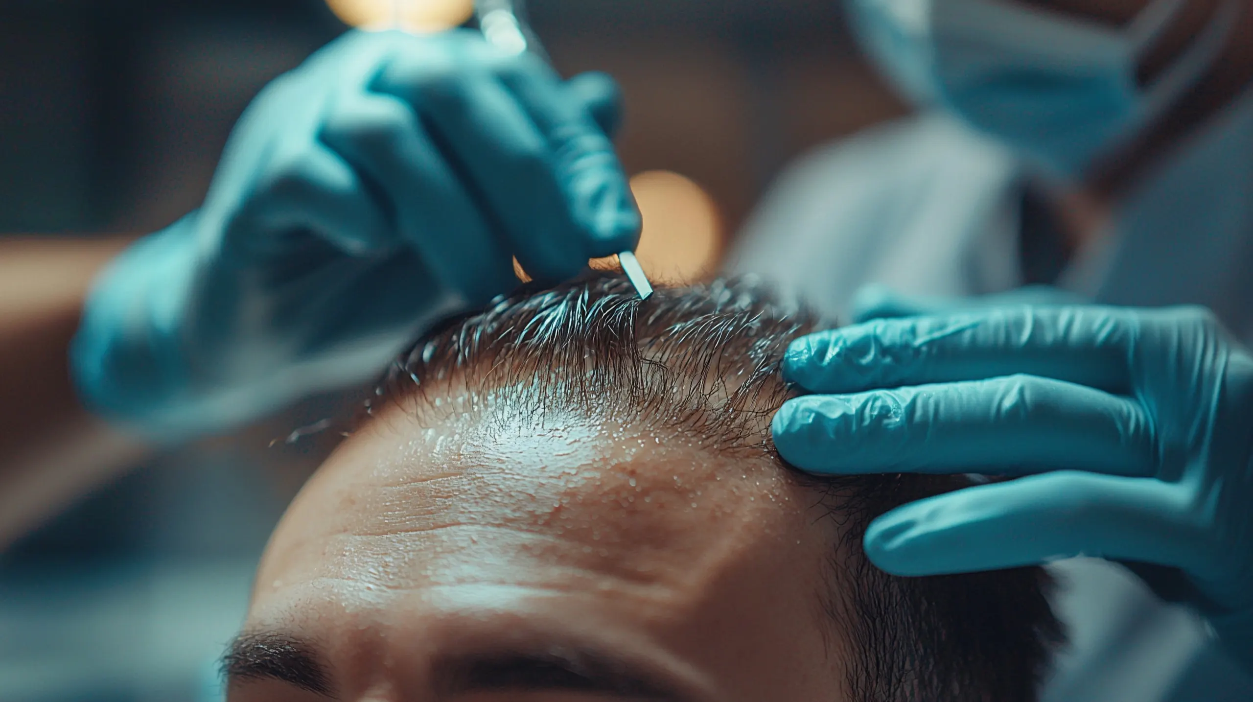 Ein Behandler mit Handschuhen und Mundschutz arbeitet während einer Haartransplantation am vorderen Haaransatz eines Patienten