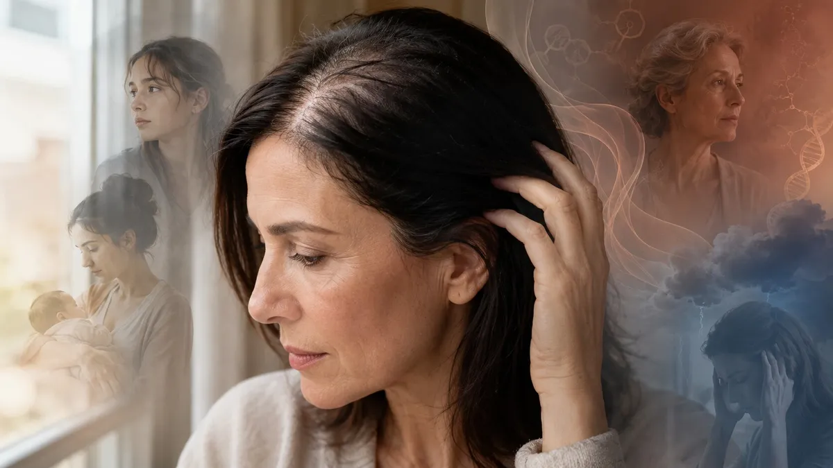 Mujer de perfil tocándose el pelo por la raya central, con imágenes tenues detrás de una madre con un bebé y una mujer mayor, evocando distintas etapas de la vida
