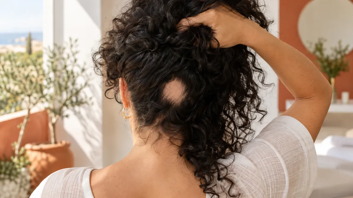 Mujer de pelo oscuro y rizado, vista de espaldas, que se levanta el pelo para mostrar una placa redonda y lisa sin pelo, en una terraza mediterránea iluminada por el sol