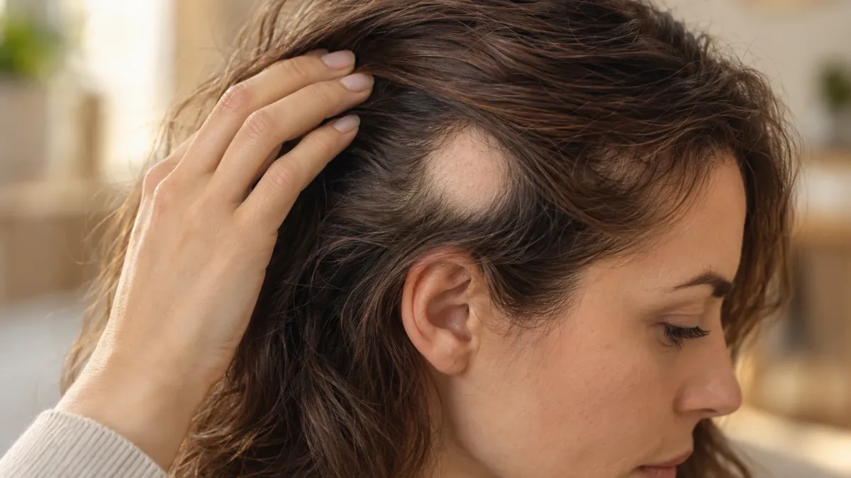 Donna con capelli castani ondulati che solleva una ciocca e mostra una chiazza tonda e liscia senza capelli vicino alla tempia, in un ambiente domestico caldo