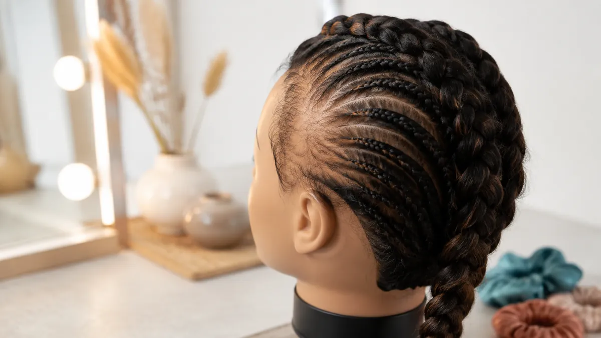 Tête d exercice coiffée de tresses serrées de type cornrows, avec une lisière clairsemée aux tempes, illustrant l alopécie de traction