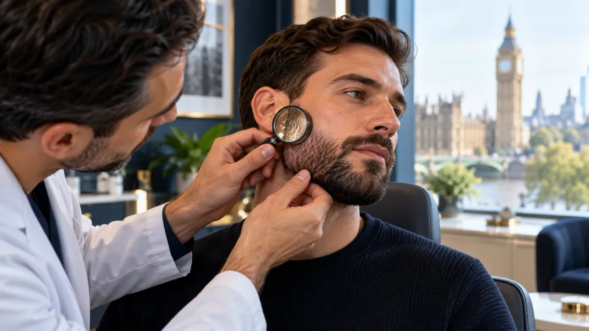 A clinician in a white coat examines a bearded man's cheek with a round handheld magnifying glass, with the Houses of Parliament and Big Ben framed in the window behind them.