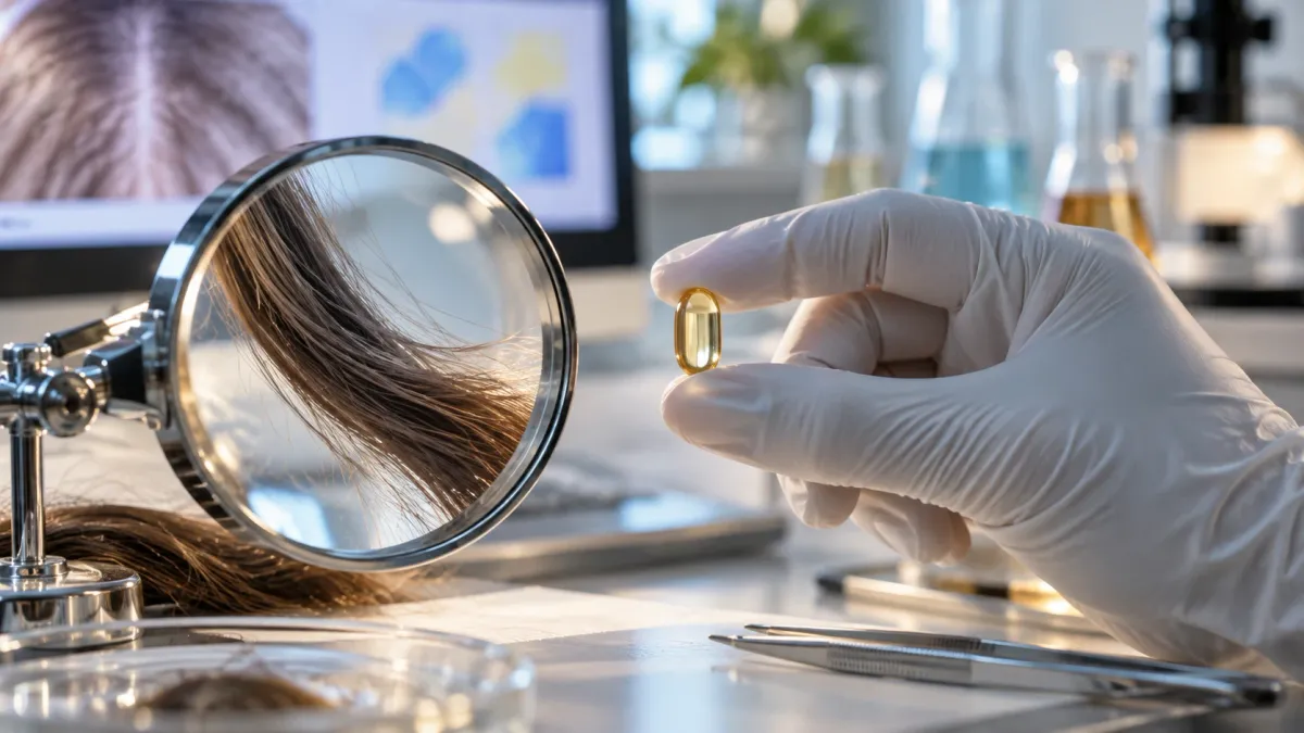 Main gantée tenant une capsule dorée de complément près d'une loupe posée au-dessus d'une mèche de cheveux sur une paillasse de laboratoire