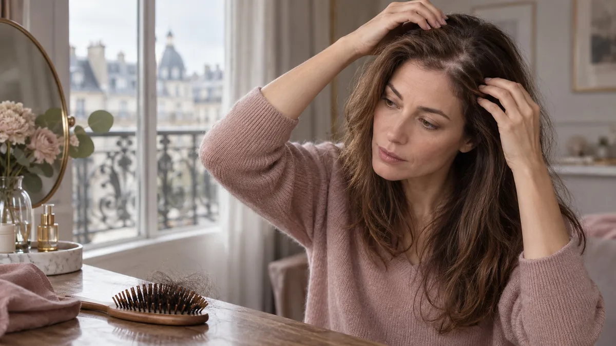 Femme aux longs cheveux bruns pres d'une fenetre parisienne, ecartant sa chevelure des deux mains, une brosse remplie de cheveux tombes posee sur la table pres d'un miroir et de fleurs roses