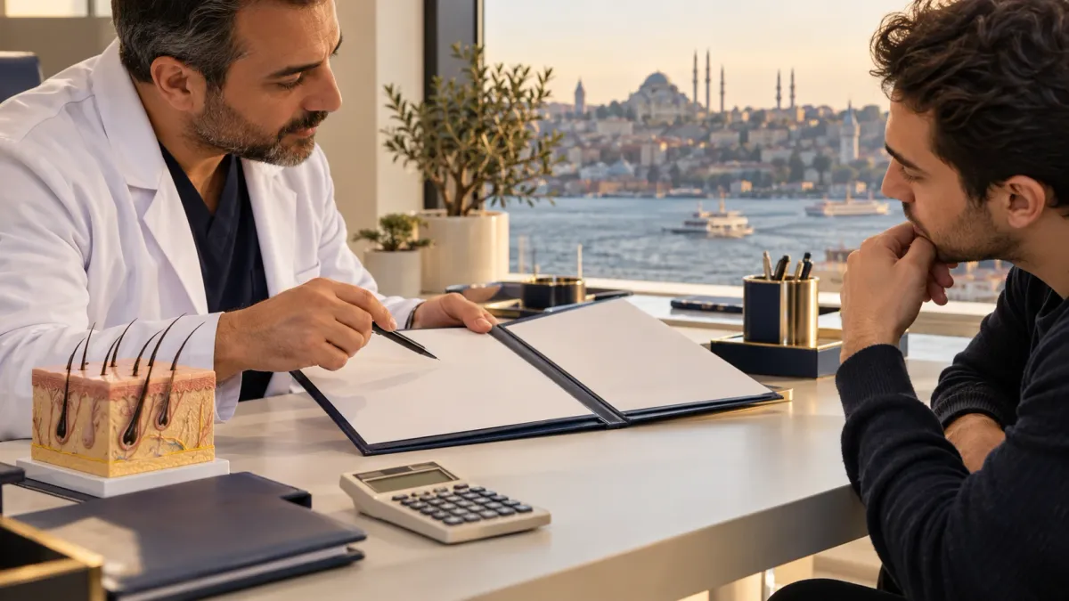 Un medico in camice bianco, seduto alla scrivania davanti a un paziente, indica con una penna una cartellina aperta accanto a un modello del follicolo pilifero e una calcolatrice, con lo skyline di Istanbul oltre la finestra.
