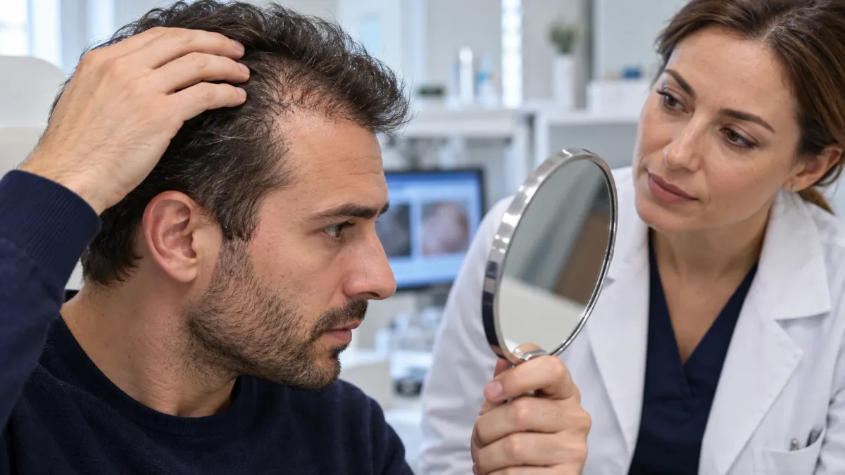 Un hombre sostiene un espejo de mano redondo mientras una doctora con bata blanca le examina la línea capilar despoblada en una clínica luminosa