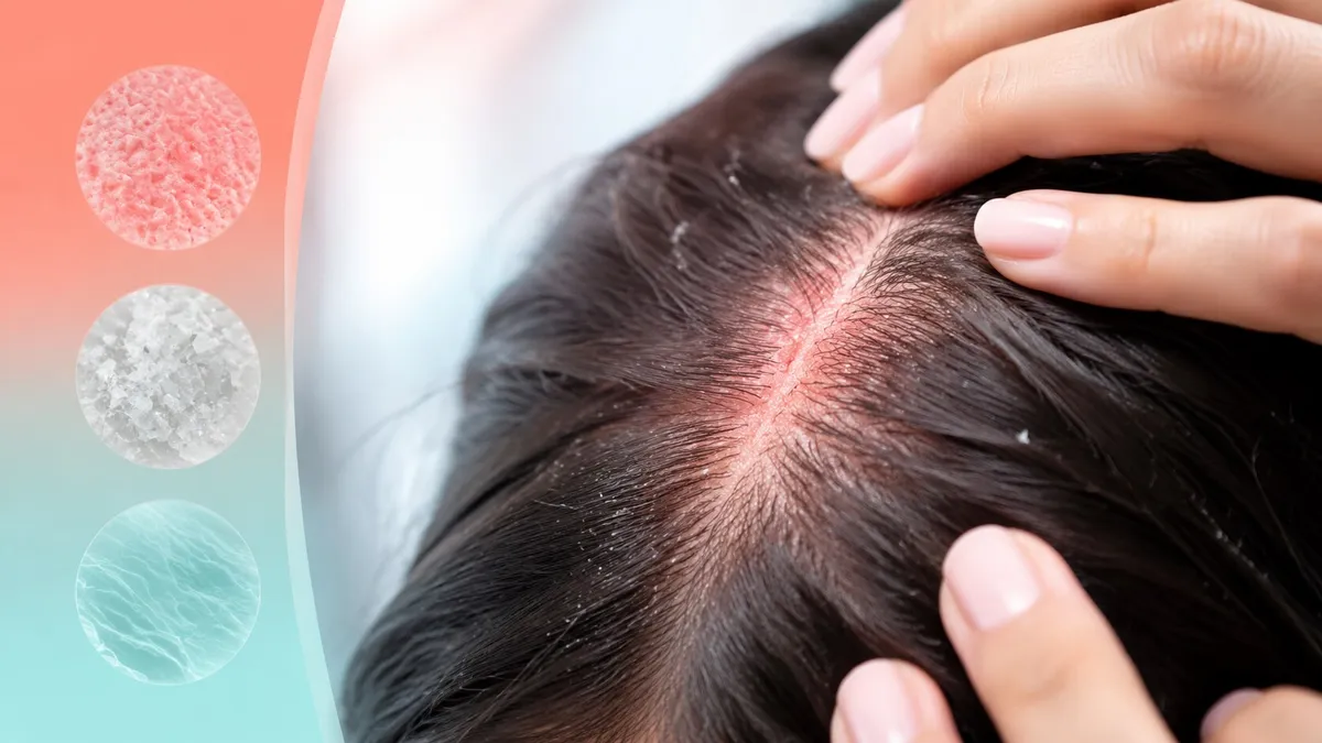 Gros plan sur des mains écartant les cheveux bruns d un cuir chevelu qui présente des rougeurs et de fines squames, à côté de trois pastilles illustrant des textures de peau