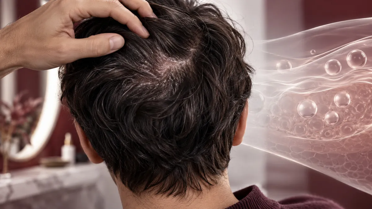 Barbat vazut din spate care isi desparte parul pentru a arata o portiune de scalp cu scuame, alaturi de un flacon cosmetic de ser si o oglinda in fundal