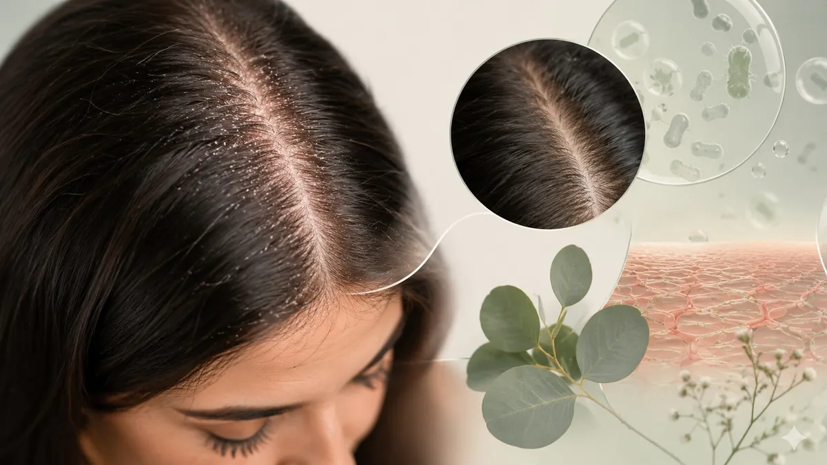 Riga dei capelli di una donna con scaglie di desquamazione, con un dettaglio ingrandito del cuoio capelluto e una foglia di eucalipto accanto