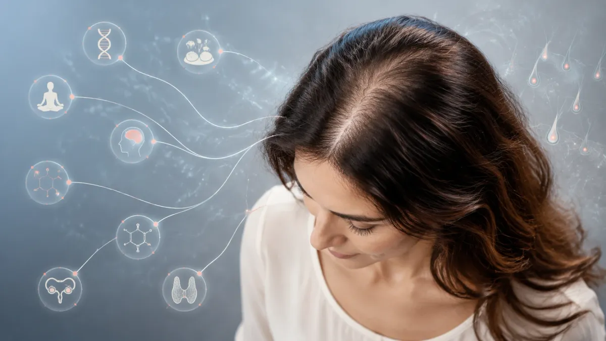 Blick von oben auf den gescheitelten Kopf einer Frau mit gleichmäßig gelichtetem Haar, daneben Symbole für Genetik, Stress, Hormone und Schilddrüse