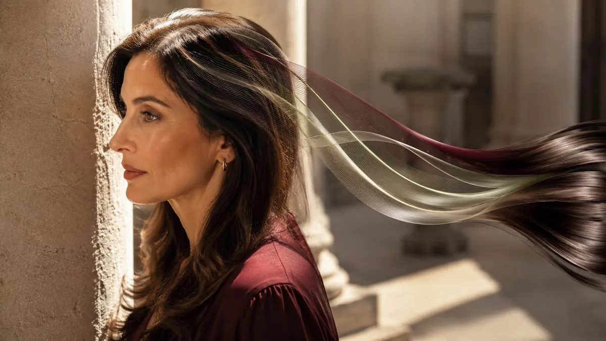 Donna di profilo con lunghi capelli scuri mossi dal vento, illuminata da luce calda davanti a colonne di pietra