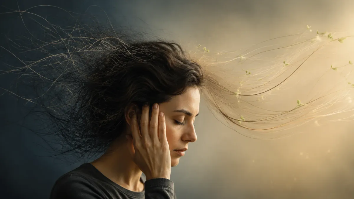 A woman in profile with her eyes closed and a hand at her temple, loose strands of her hair drifting away into the air