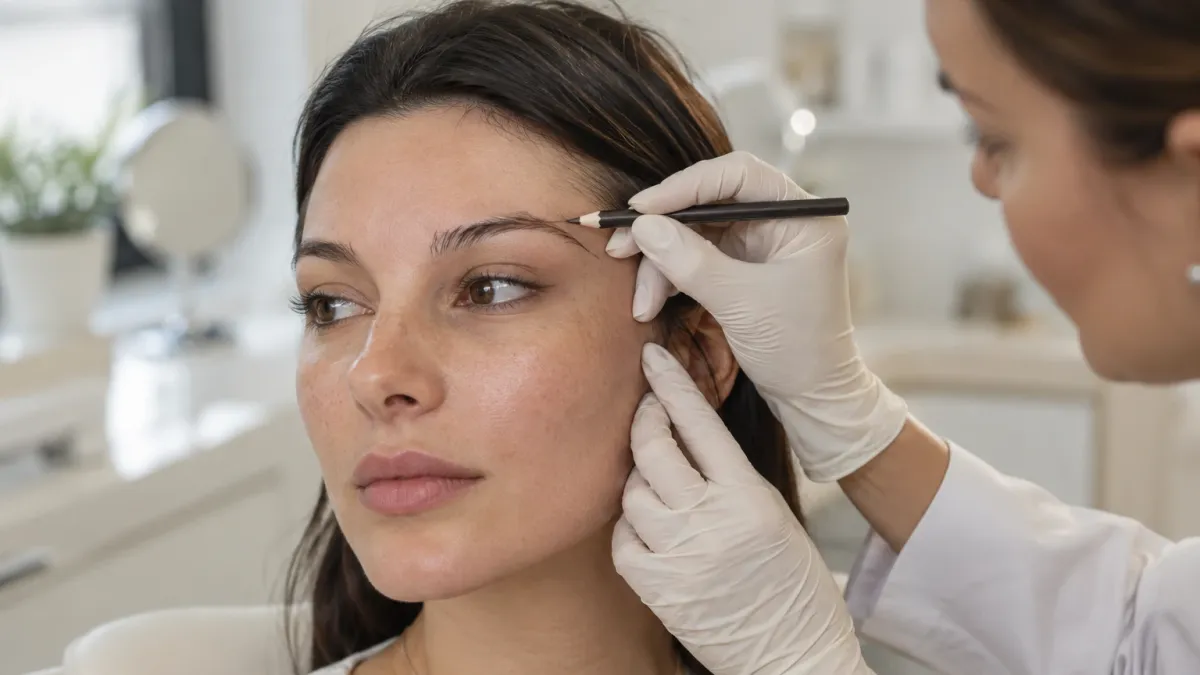A gloved clinician in a bright clinic maps and outlines a woman's eyebrow shape in close-up with a brow pencil.