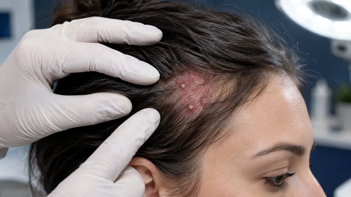 Gros plan sur un cuir chevelu feminin, les mains gantees d'une clinicienne ecartant les cheveux pour devoiler une zone rouge parsemee de petites pustules pres de la lisiere, en clinique
