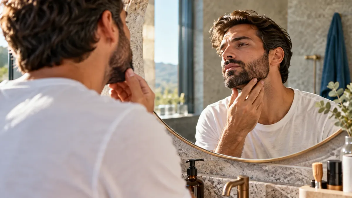 Un homme vu de dos observe son reflet dans un miroir rond de salle de bain et touche sa barbe et sa mâchoire, dans la lumière du jour avec de la verdure à l'extérieur.