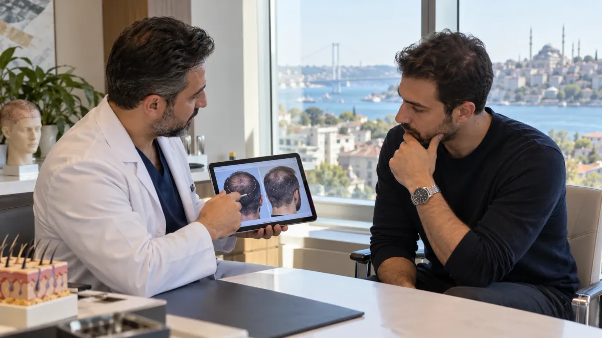 Dans un cabinet avec vue sur Istanbul, un médecin en blouse blanche montre à un homme pensif une tablette affichant des photos de lignes frontales avant et après.