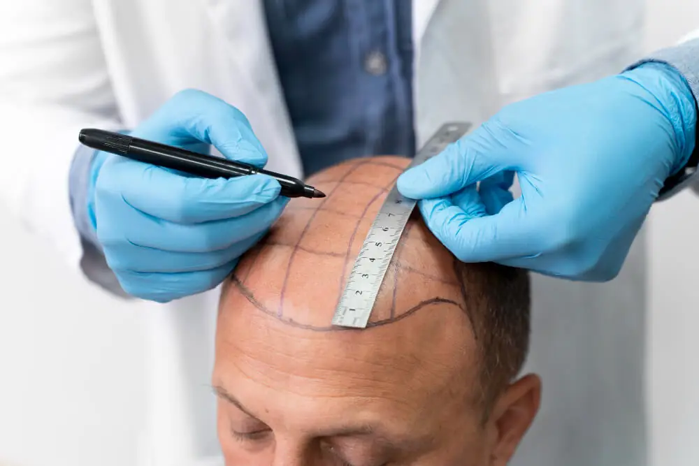 Mains gantées utilisant une règle et un marqueur pour mesurer le cuir chevelu d'un patient avant l'intervention