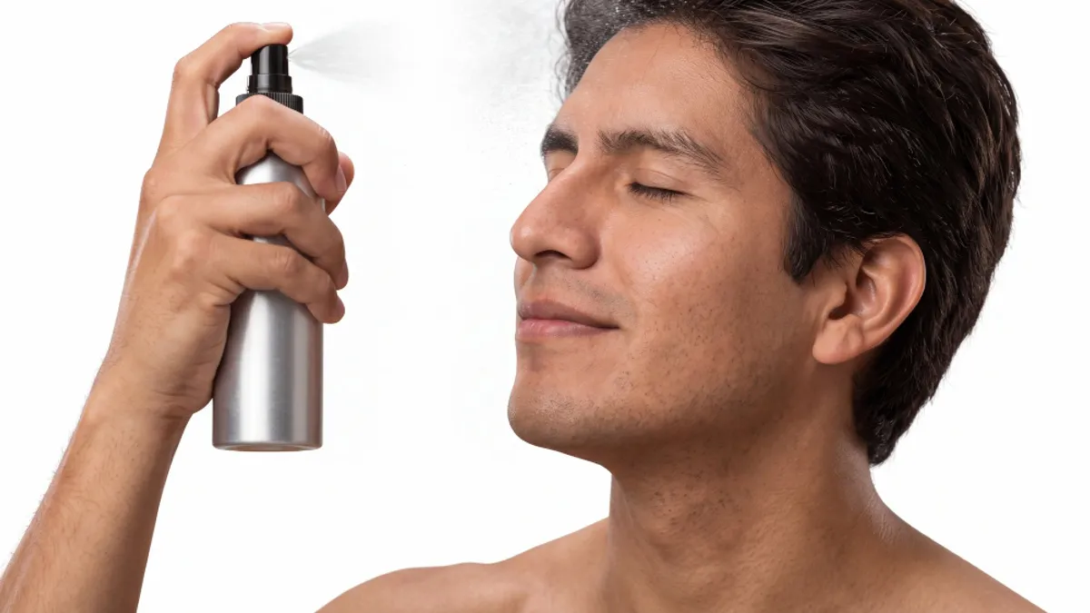 A man with dark hair sprays a silver pump bottle of hairspray toward his head, eyes closed, as the fine mist settles over his hair.