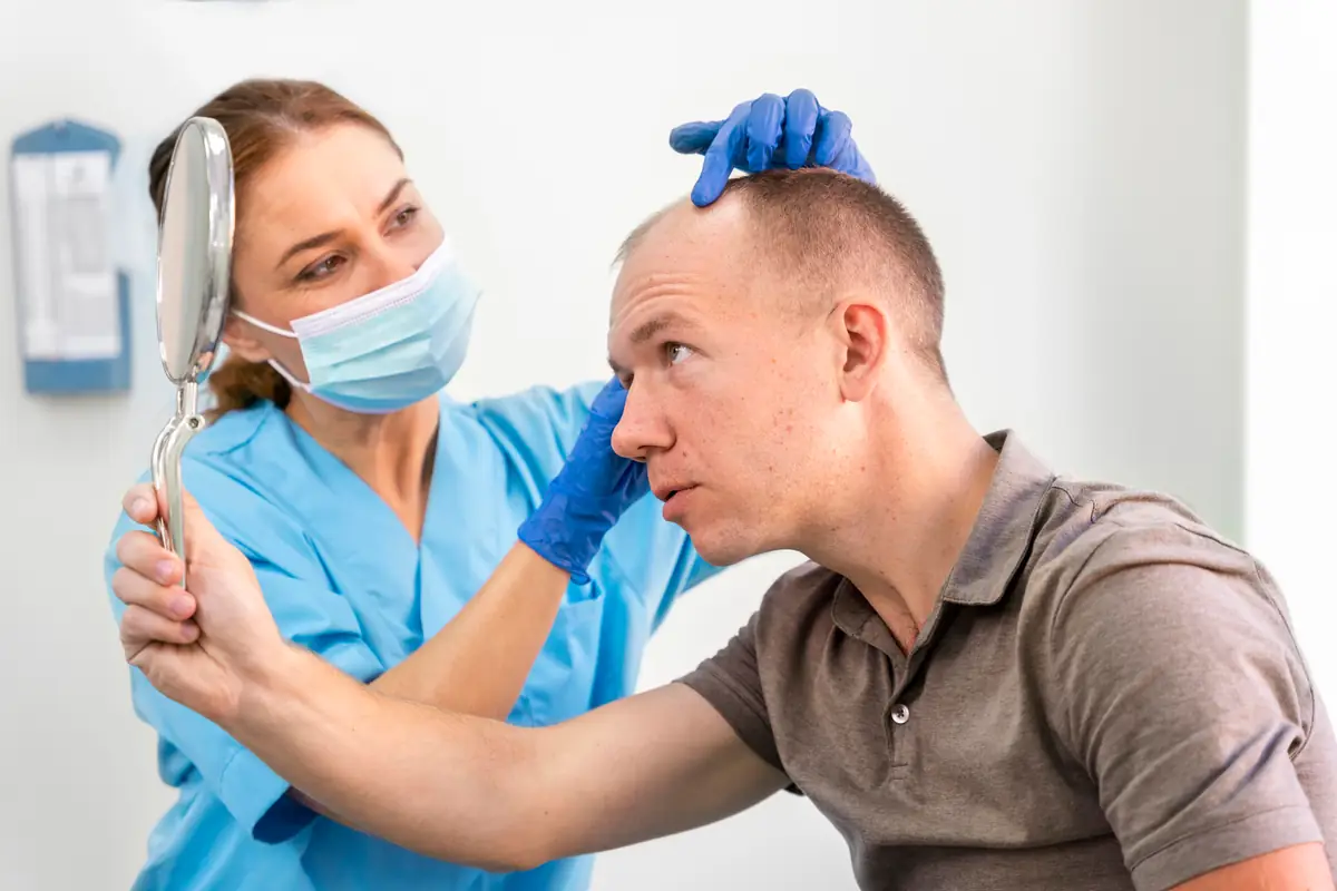Une praticienne masquée examine la ligne des cheveux d'un homme pendant qu'il se regarde dans un miroir à main, lors d'une consultation pour la chute des cheveux