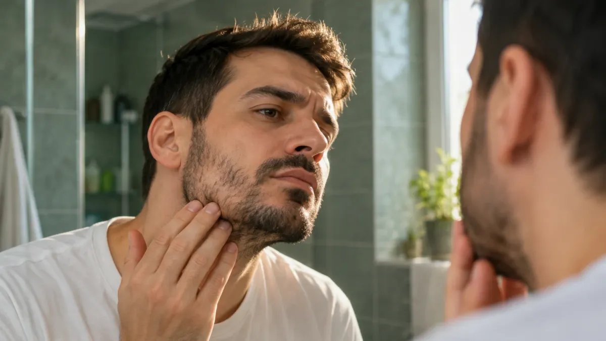 Un barbat se priveste in oglinda din baie si isi atinge barba cu goluri, in lumina naturala.