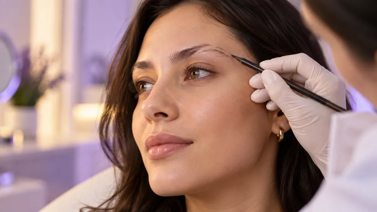 Prim-plan cu chipul unei femei în timp ce o mână cu mănușă îi conturează sprânceana cu un creion dermatograf într-o clinică; femeia poartă un cercel mic, auriu.