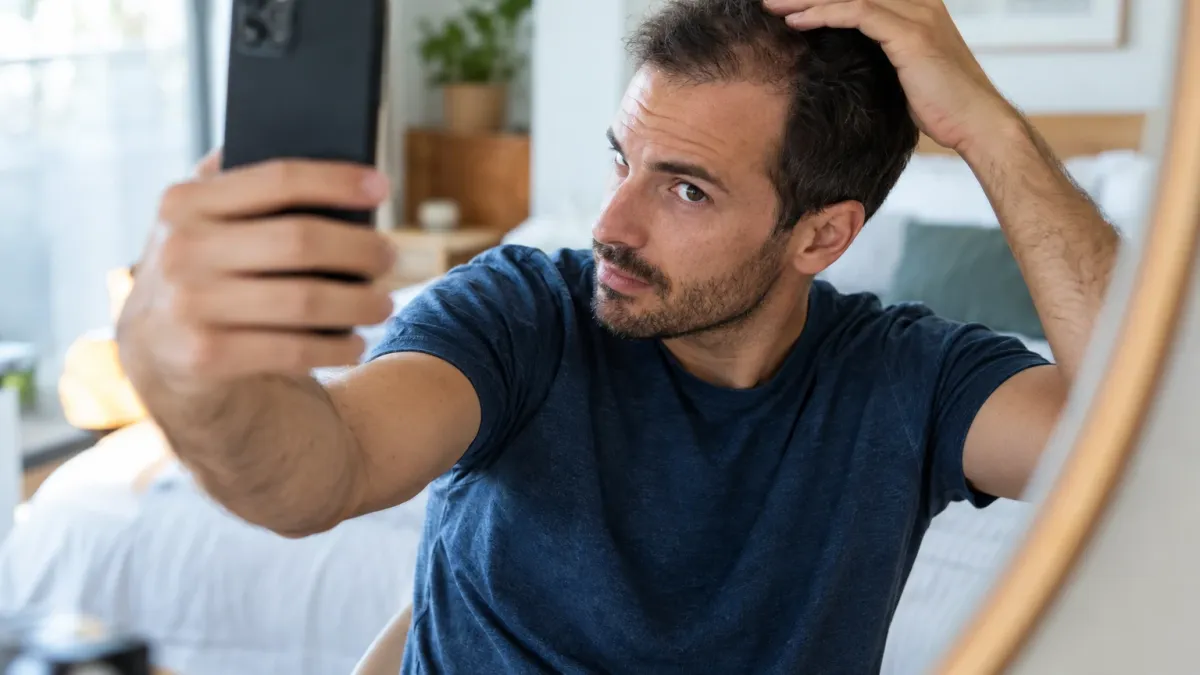 Un hombre se hace una foto de su línea de pelo con el móvil frente al espejo de casa para documentar su evolución