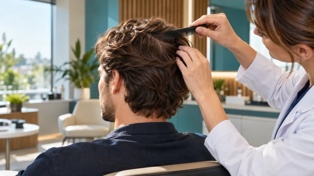 Visto desde atrás, un hombre con el pelo largo y ondulado mientras una doctora con bata blanca le peina y le separa el cabello en una clínica luminosa.