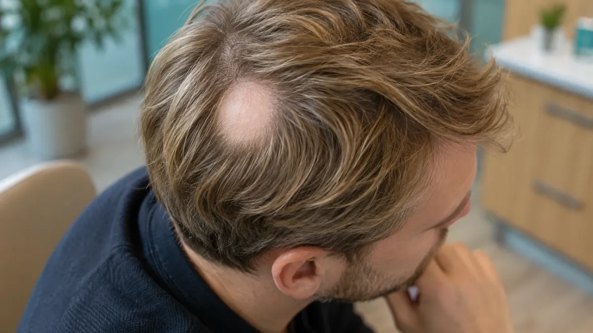 Aufsicht auf den Kopf eines Mannes mit hellbraunem Haar mit einer runden, münzgroßen kahlen Stelle am Oberkopf in einer hellen Klinik