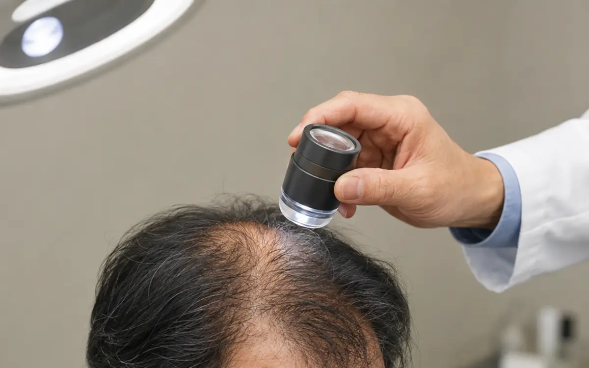 A clinician examining a man's thinning crown with a dermatoscope during a hair loss assessment