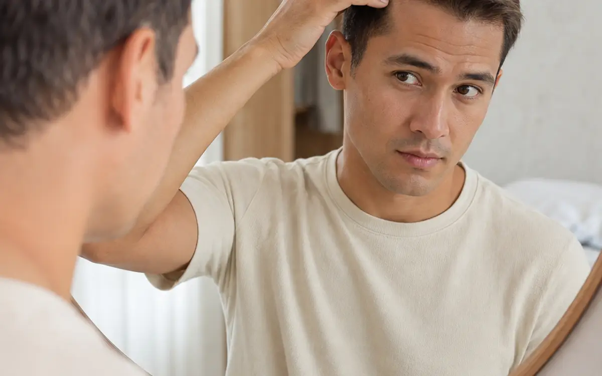 A man examining his hairline in a mirror, checking whether it is maturing or receding