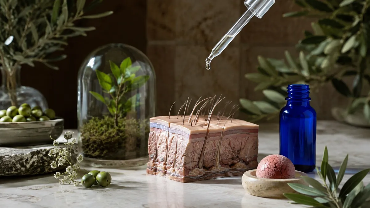 Sezione di cuoio capelluto con follicoli e capelli accanto a un contagocce e a un flacone di vetro blu, tra rametti d'ulivo su un piano di marmo