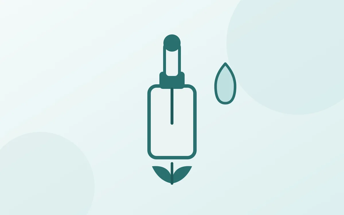 Ilustratie cu un flacon de minoxidil cu picurator, o picatura si un firicel de par, in tonuri de teal