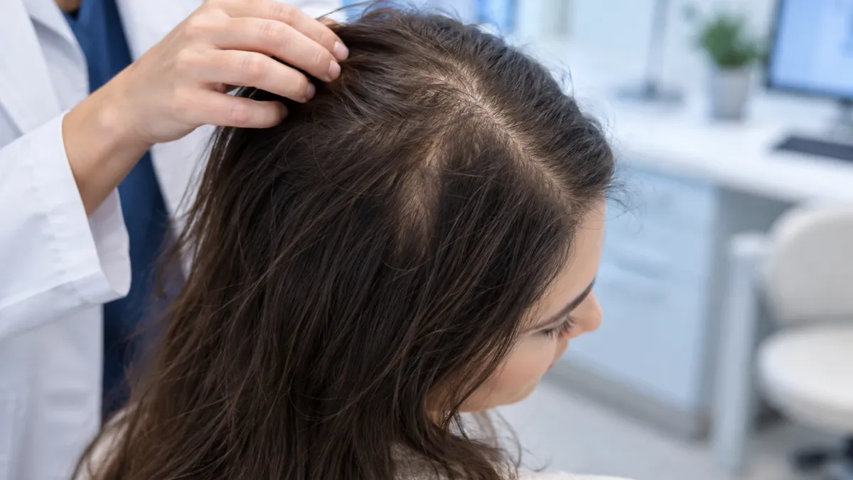A clinician in a white coat parting a woman's hair along the centre part to examine diffuse thinning at the crown in a bright clinic room