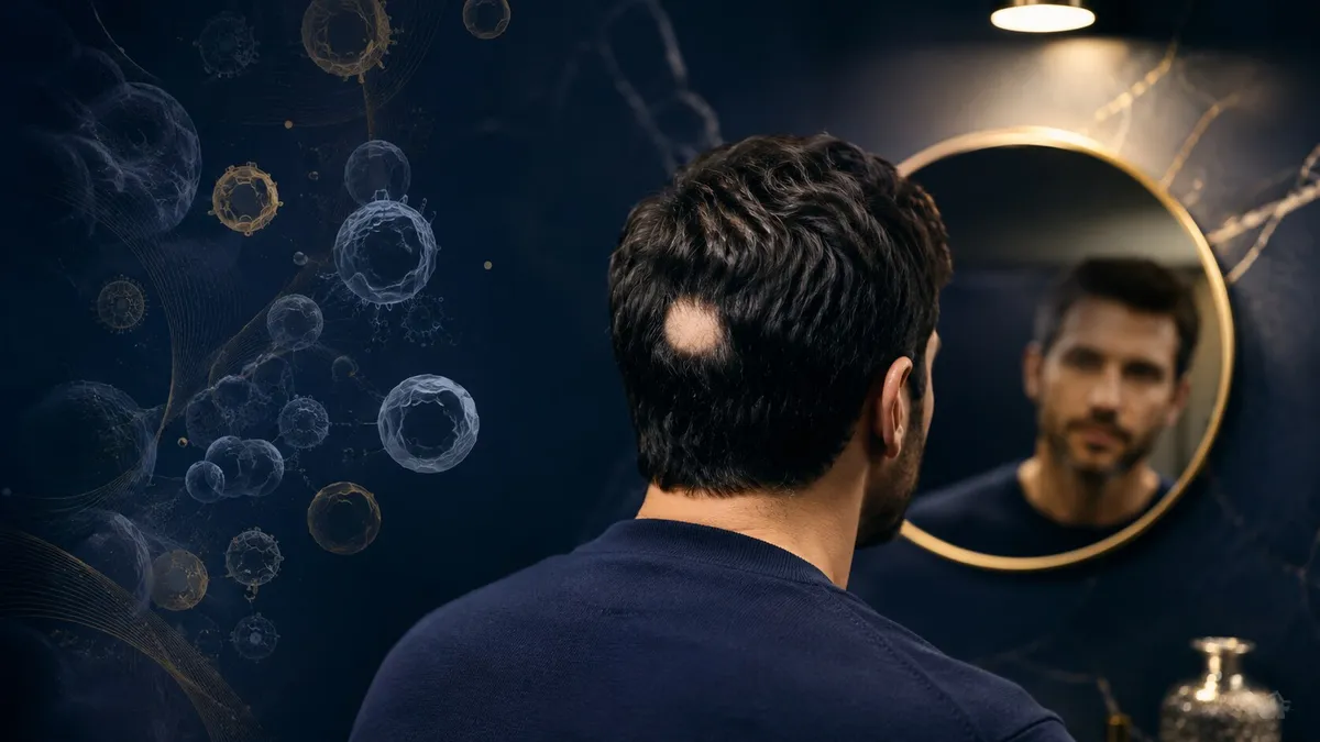 Homme de dos regardant son reflet dans un miroir rond, une petite plaque ronde sans cheveux visible à l arrière du crâne, sur fond sombre parsemé de cellules stylisées