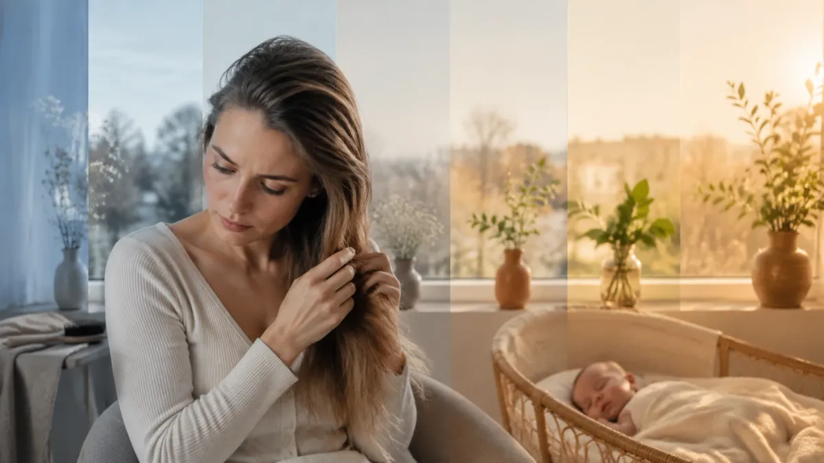 A new mother sitting by a window looking at a strand of her long hair, with her baby asleep in a bassinet beside her