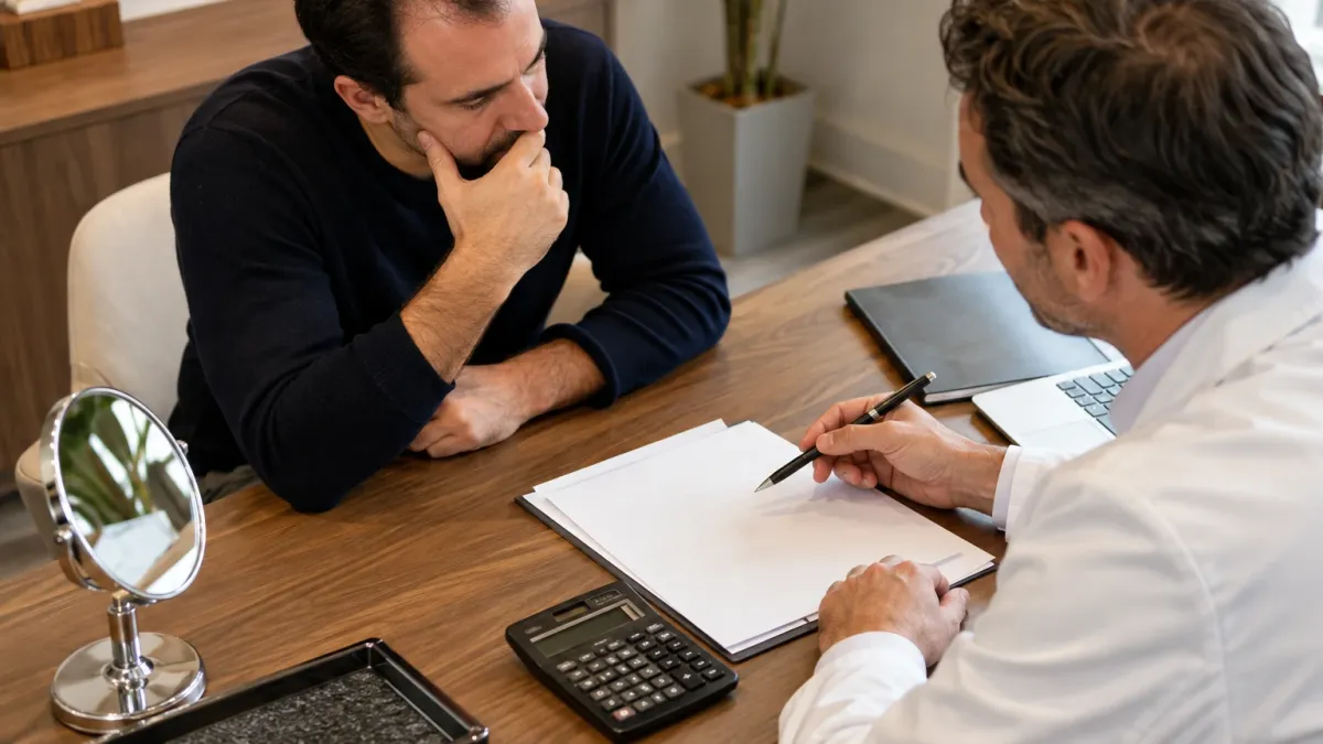 Un medecin en blouse blanche, assis en consultation face a un patient, note des informations sur une feuille, une calculatrice et un miroir de table poses devant lui.