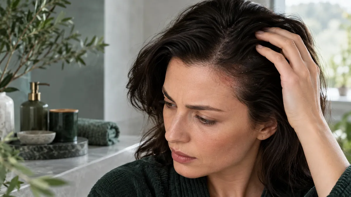 Donna con capelli scuri che divide la chioma per mostrare una chiazza arrossata e desquamata vicino all'attaccatura, in un bagno verde con rami di ulivo