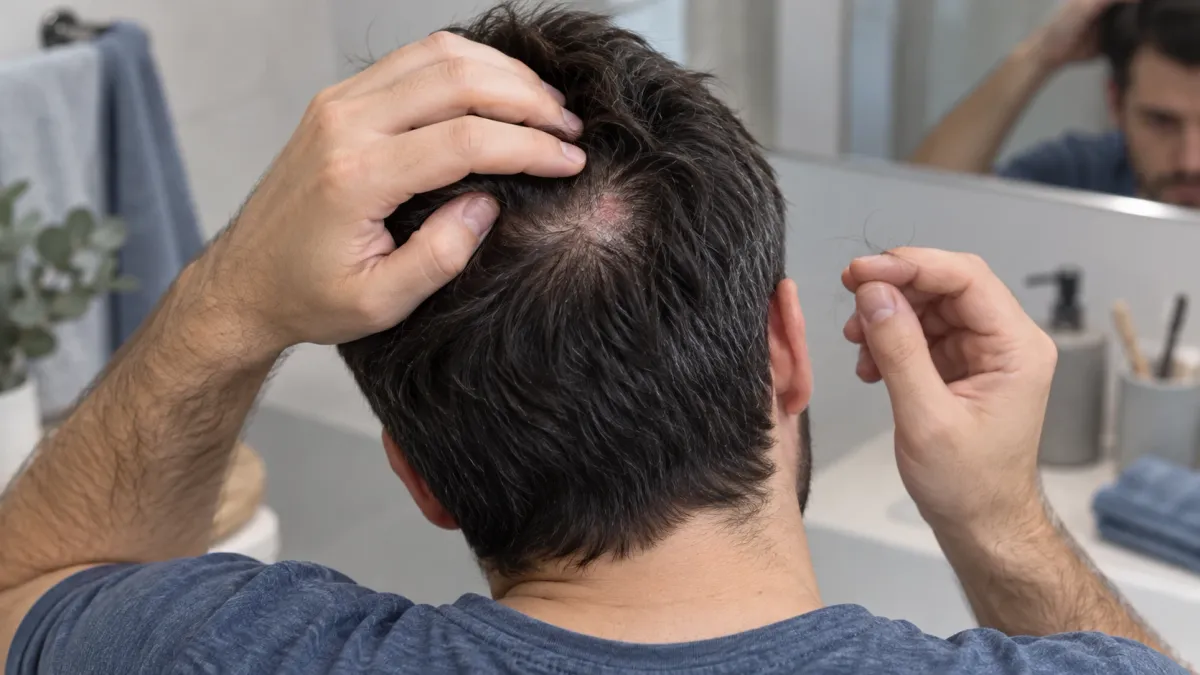 Barbat vazut din spate care isi desparte parul in fata oglinzii, dezvaluind o portiune de scalp inrosita si acoperita de scuame