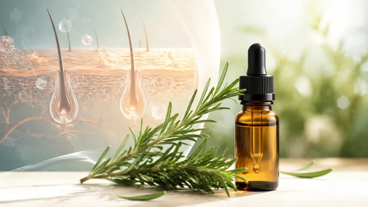 An amber dropper bottle of rosemary oil beside a sprig of rosemary, next to an illustration of hair follicles rooted in the scalp