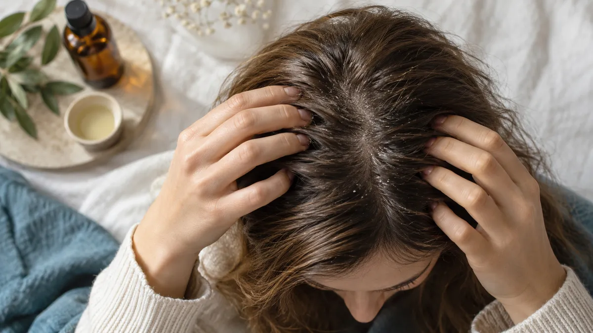 Top-down close-up of a woman parting her dark hair to reveal white flakes on the scalp, with an amber dropper bottle and olive leaves resting on a pale tray beside her