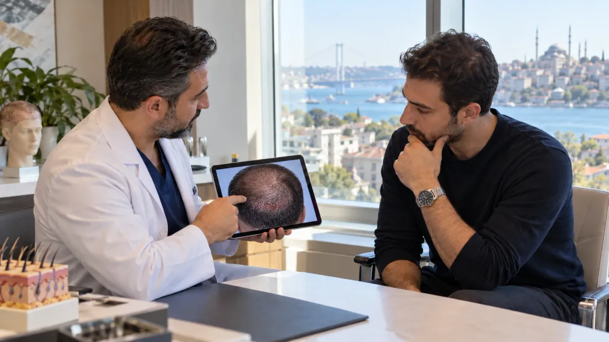 Un medico in camice bianco mostra a un uomo pensieroso un tablet con la foto dall'alto del suo cuoio capelluto diradato, davanti a una grande finestra con vista sul Bosforo e sullo skyline di Istanbul