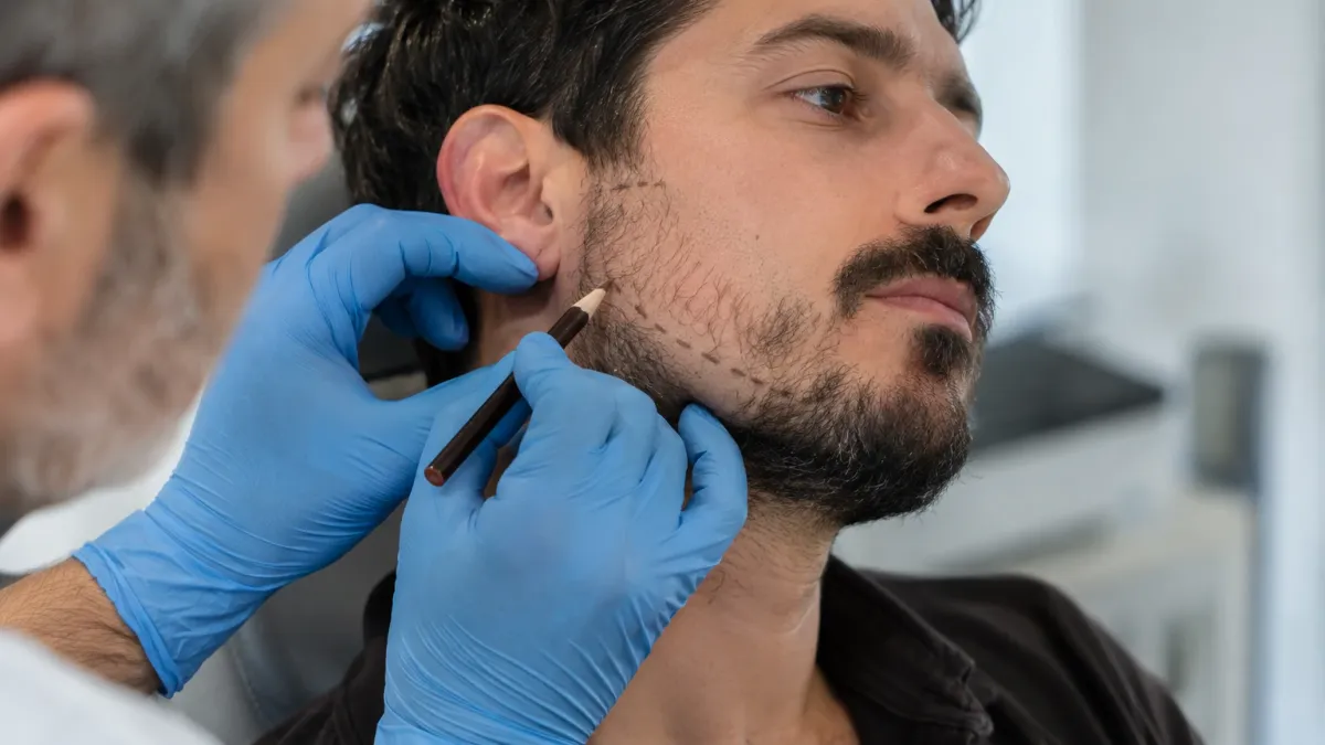 Un medico con guanti azzurri disegna con una matita la linea della barba sul viso di un uomo in clinica.