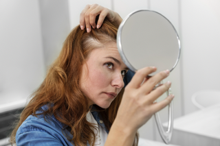 women looking in the mirror for her hair